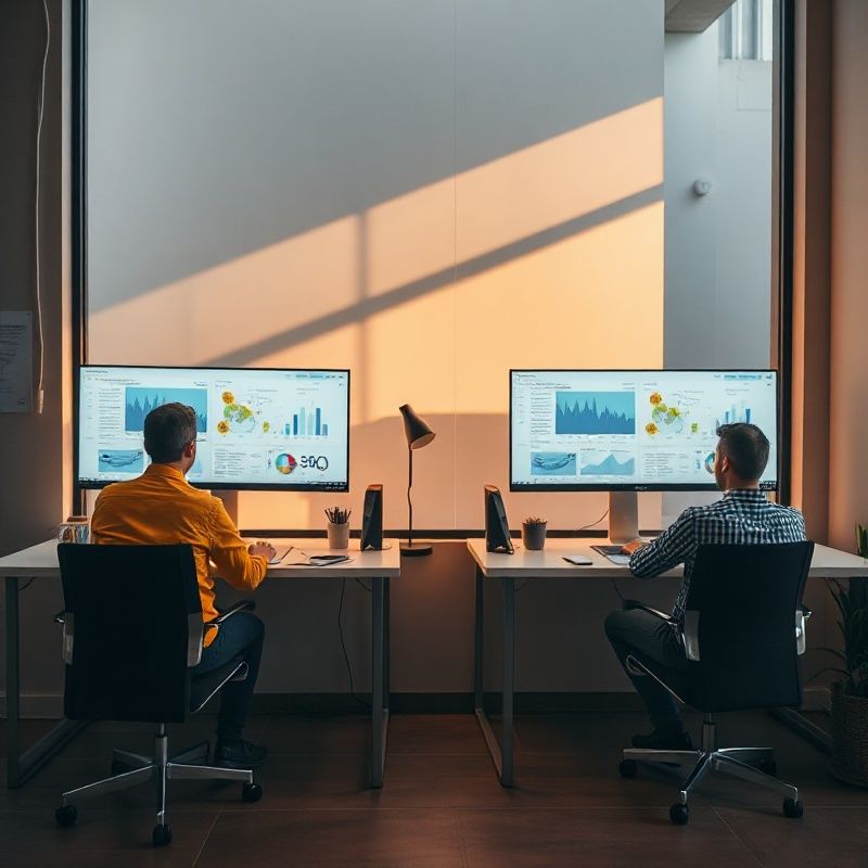Pequeño equipo editorial trabajando frente a monitores con paneles de datos en tonos índigo