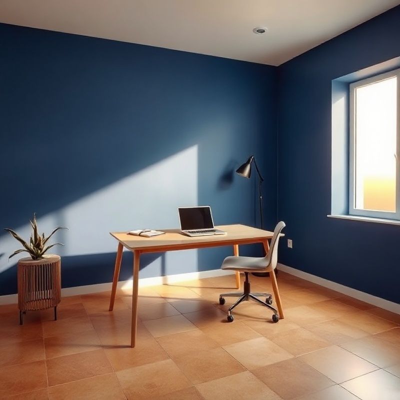 Oficina minimalista con pared índigo y escritorio con portátil